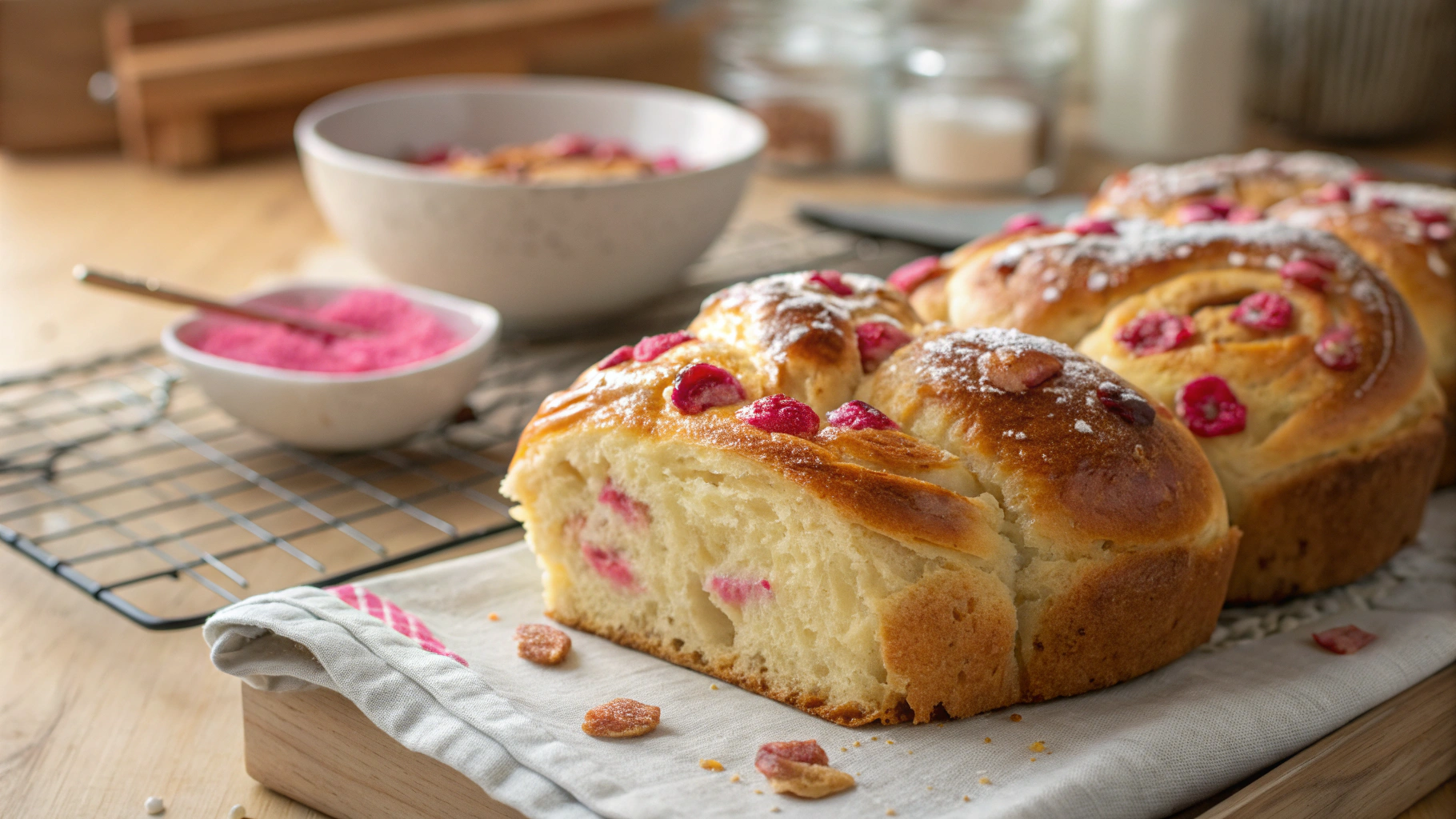 praline rose dans un sachet posé sur une table en bois